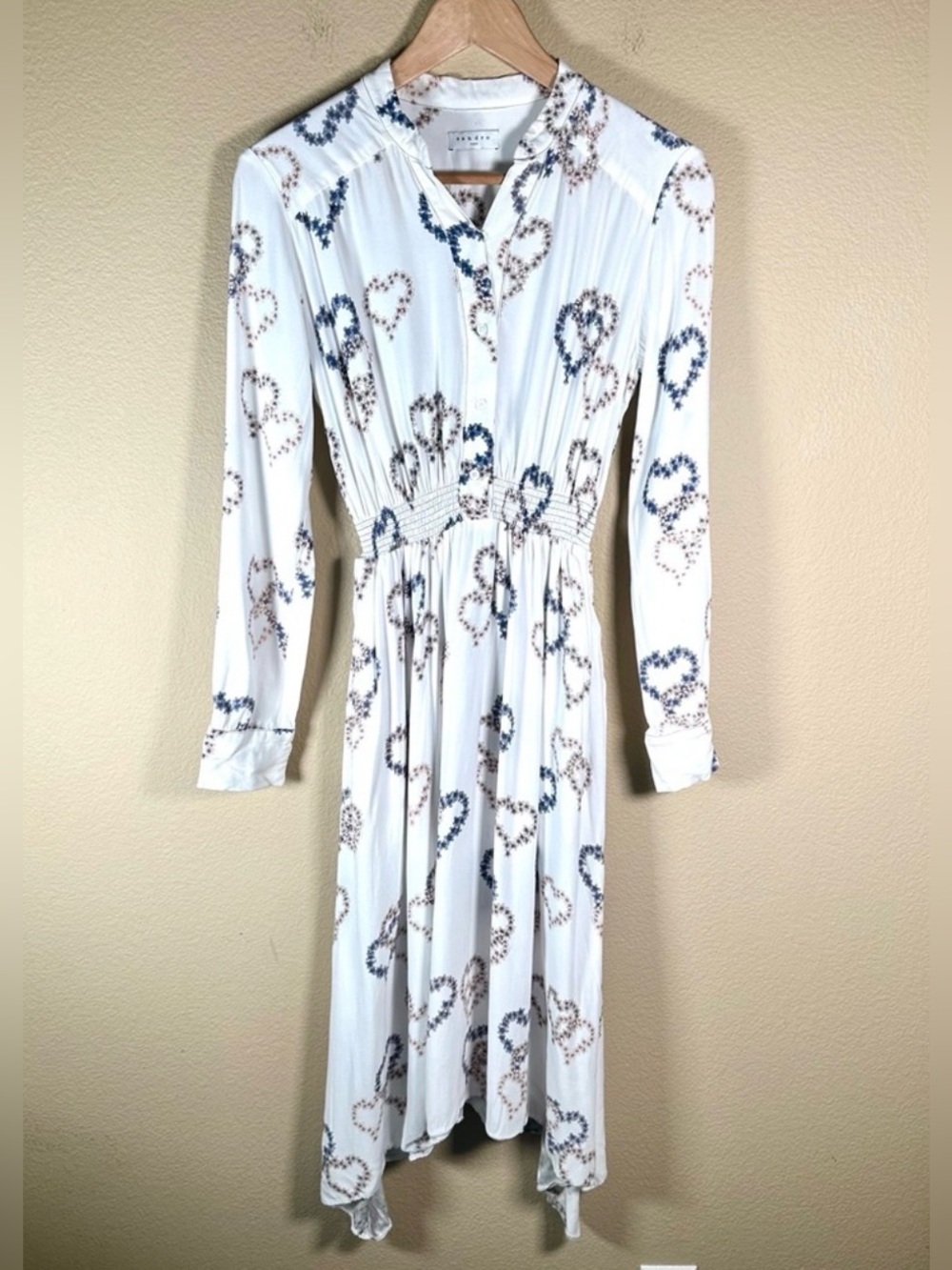 Sandro White Long Sleeve Midi Dress with Blue Heart Print, Size 6 - Picture 3 of 8